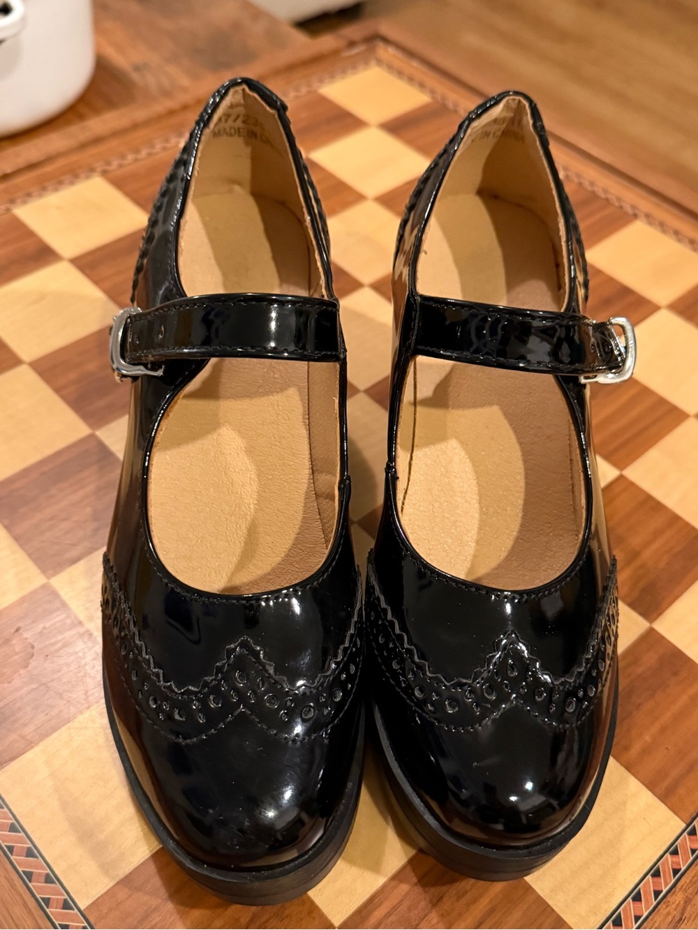 Black Patent Mary Jane Brogue Wingtip Chunky Heel Shoes Women’s 6.5
